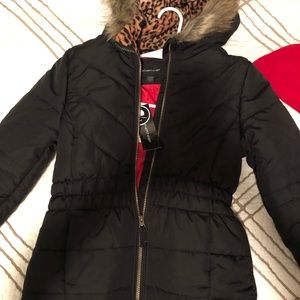 NWT GIRLS BLACK COAT FROM MACYS SIZE 14/16 WITH MATCHING HAT